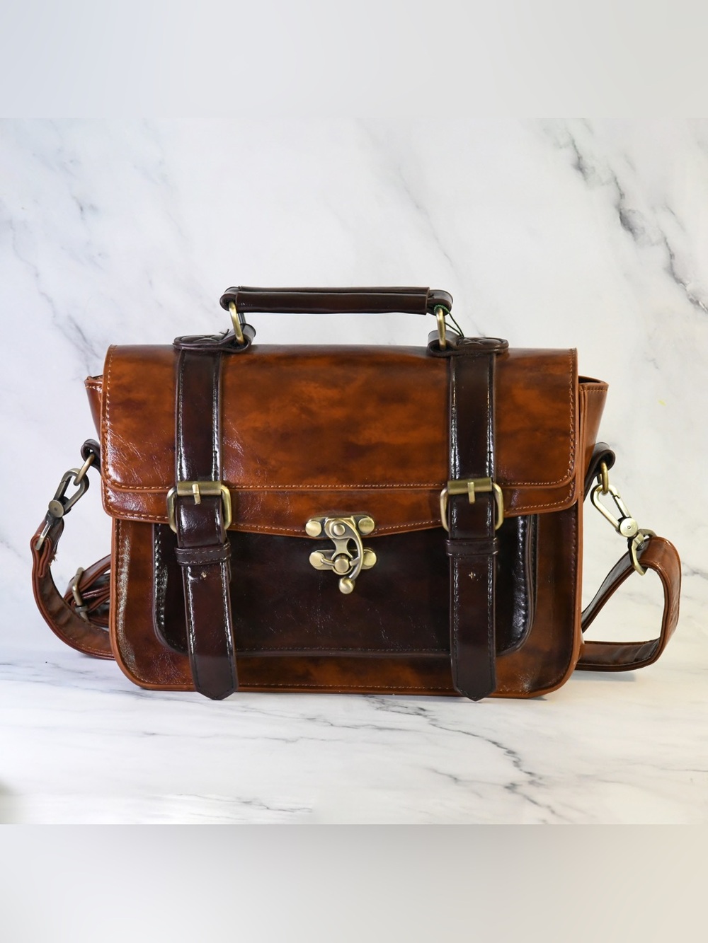 Two-Tone Brown Leather Briefcase Brass Hardware - Picture 6 of 6